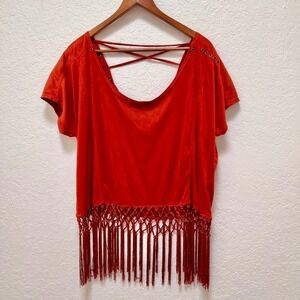 Cecico Rust Orange Faux Suede Fringe Macrame Boho Crop Top Large Western Grommet